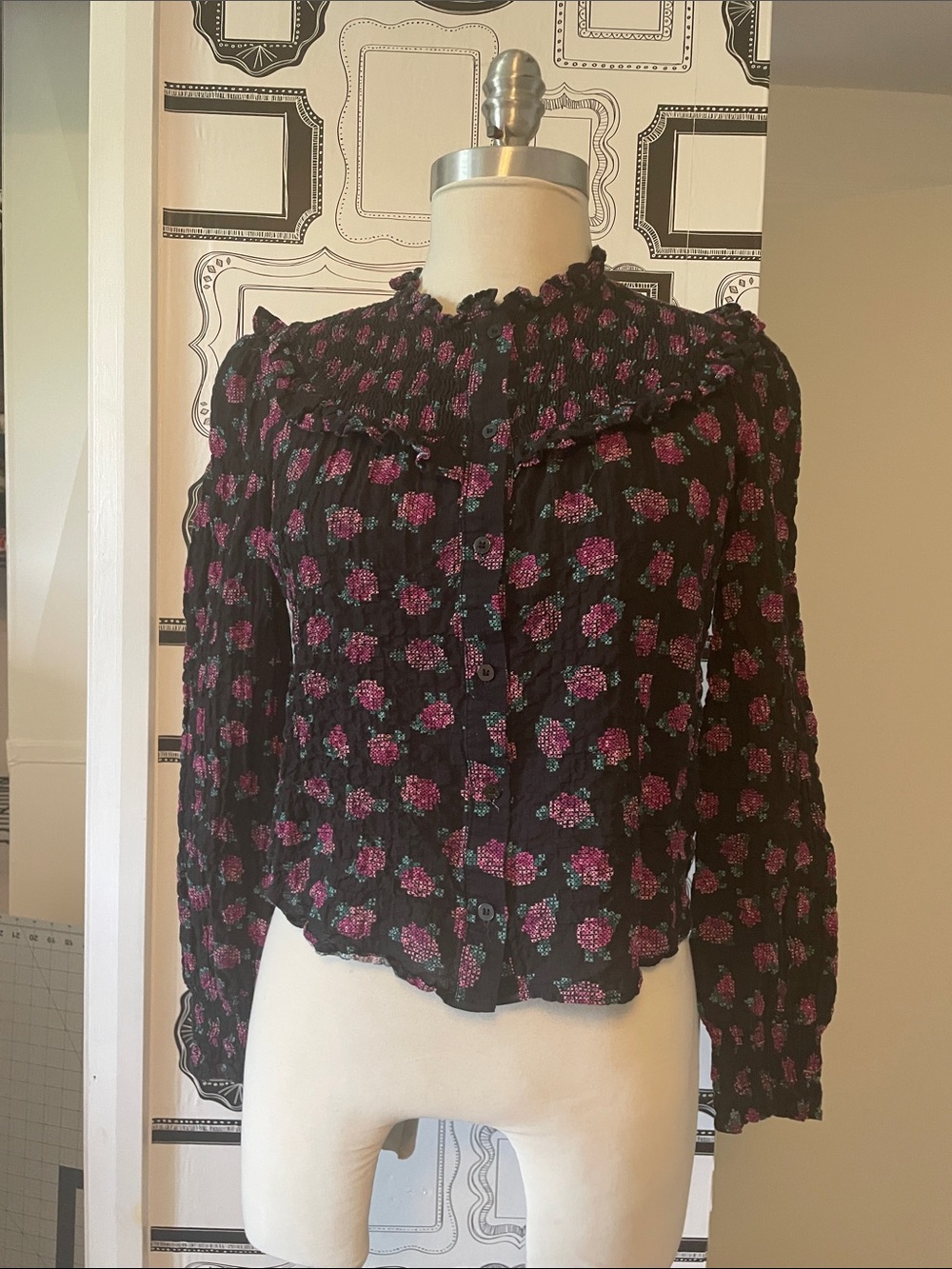 Zara Black Blouse with Pink Floral Print